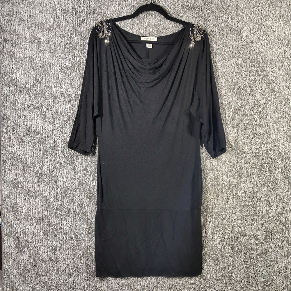 White House Black Market Sheath Dress Black Beaded Cowl Neck Glam Womens Small